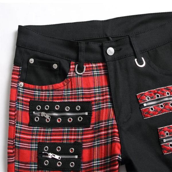 "SCOTCHIE" RED PLAID PATCH WORK JEANS