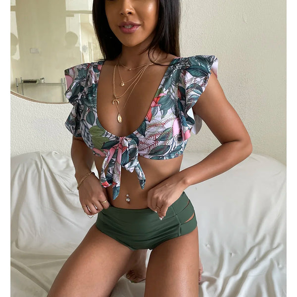 "CHAMPANGE & FLOWERS" RUFFLED V-NECK HIGH WAIST BIKINI