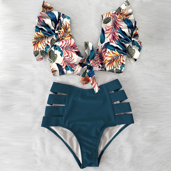 "CHAMPANGE & FLOWERS" RUFFLED V-NECK HIGH WAIST BIKINI