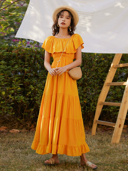 "LOVE LILLIES" LONG SHOULDERLESS RUFFLED DRESSS