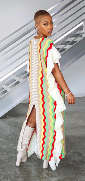 "NATIVE GAL" RUFFLE SIDE SPLIT VINTAGE KNITTED DRESS