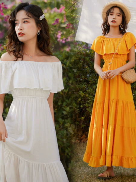 "LOVE LILLIES" LONG SHOULDERLESS RUFFLED DRESSS