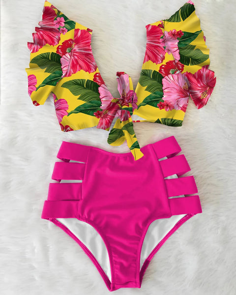 "CHAMPANGE & FLOWERS" RUFFLED V-NECK HIGH WAIST BIKINI