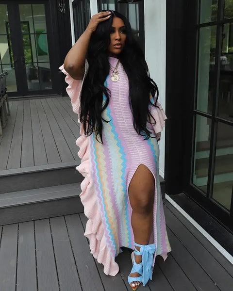 "NATIVE GAL" RUFFLE SIDE SPLIT VINTAGE KNITTED DRESS