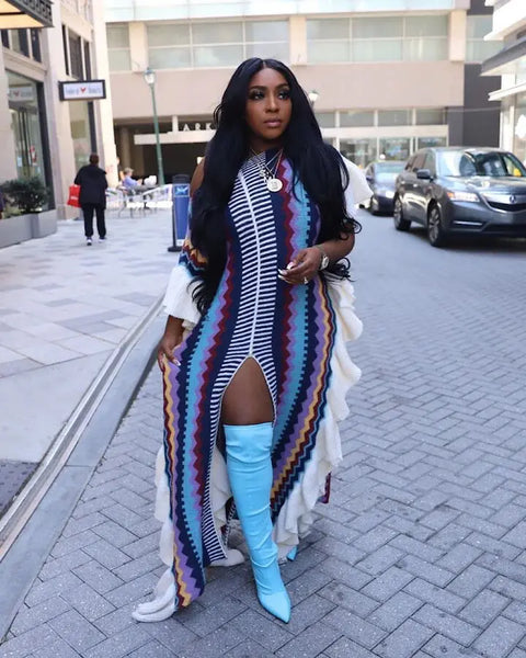 "NATIVE GAL" RUFFLE SIDE SPLIT VINTAGE KNITTED DRESS