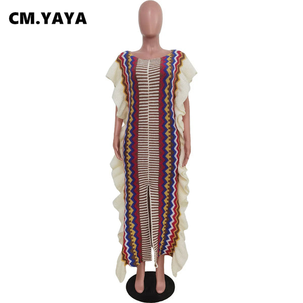 "NATIVE GAL" RUFFLE SIDE SPLIT VINTAGE KNITTED DRESS
