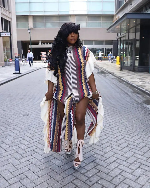 "NATIVE GAL" RUFFLE SIDE SPLIT VINTAGE KNITTED DRESS