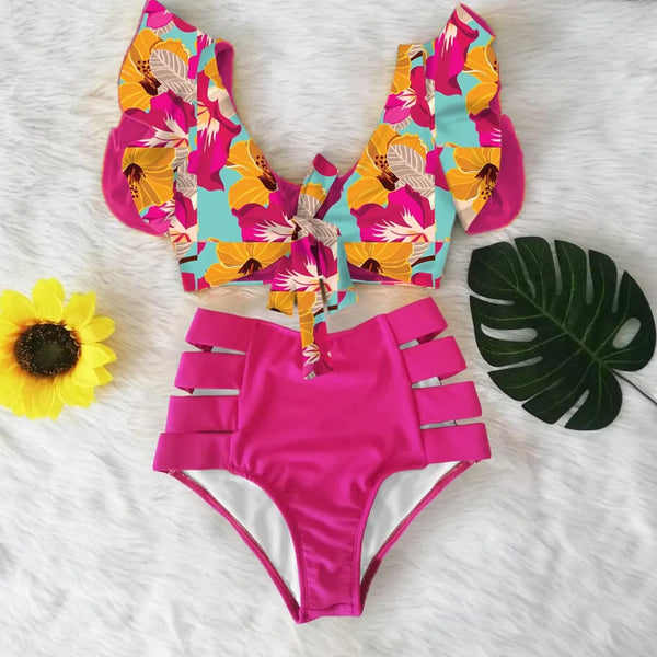 "CHAMPANGE & FLOWERS" RUFFLED V-NECK HIGH WAIST BIKINI