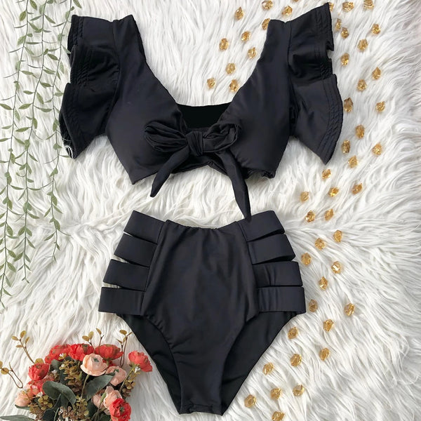 "CHAMPANGE & FLOWERS" RUFFLED V-NECK HIGH WAIST BIKINI