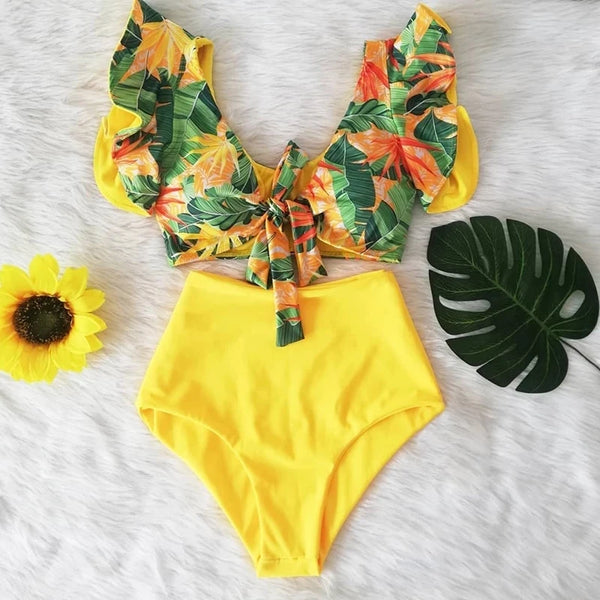 "CHAMPANGE & FLOWERS" RUFFLED V-NECK HIGH WAIST BIKINI