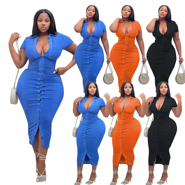 "OFFICE LADY" SHORT SLEEVE LONG FITTED DRESS
