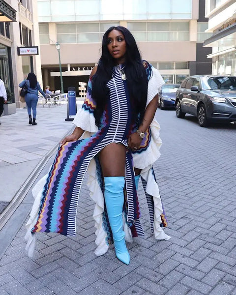 "NATIVE GAL" RUFFLE SIDE SPLIT VINTAGE KNITTED DRESS